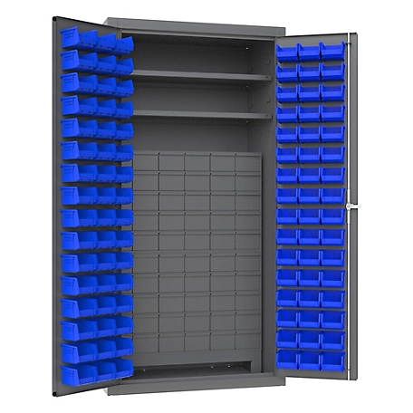 Durham MFG 14 Gauge Steel Shelf and Drawer and Bin Cabinet, 96 Blue Bins