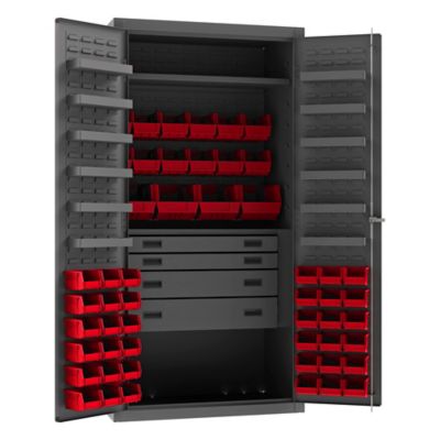Durham MFG 52-Bin and 13-Shelf Steel Tool Cabinet, 36 in. x 24 in. x 72 in., Red/Gray