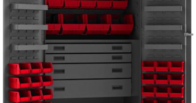 Image showing  52-Bin and 13-Shelf Steel Tool Cabinet, 36 in. x 24 in. x 72 in., Red/Gray