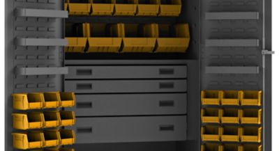 Image showing  52-Bin and 13-Shelf Steel Tool Cabinet, 36 in. x 24 in. x 72 in., Yellow/Gray