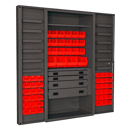 Durham MFG 14 Gauge Deep Door Cabinet, 36 in. x 24 in. x 72 in., 58 Red Bins