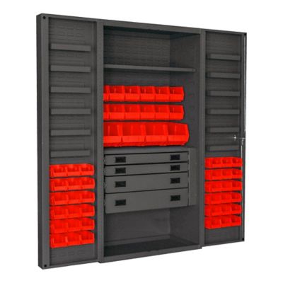 Durham MFG 14 Gauge Deep Door Cabinet, 36 in. x 24 in. x 72 in., 52 Red Bins