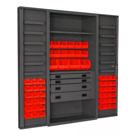 Durham MFG Deep Door Cabinet 14 Gauge 36 in x 24 in x 72 in 52 Red Bins Freestanding Garage Cabinets