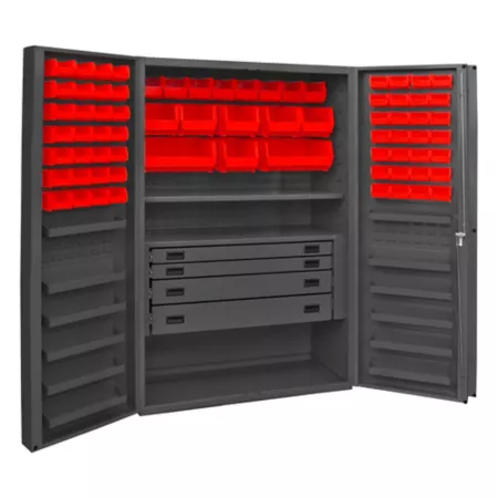 Durham MFG Deep Door Cabinet 14 Gauge 48 in x 24 in x 72 in 72 Red Bins 4 Drawers Freestanding Garage Cabinets