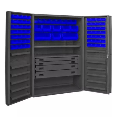 Durham MFG Deep Door Cabinet 14 Gauge 48 in x 24 in x 72 in 72 Blue Bins 4 Drawers Freestanding Garage Cabinets