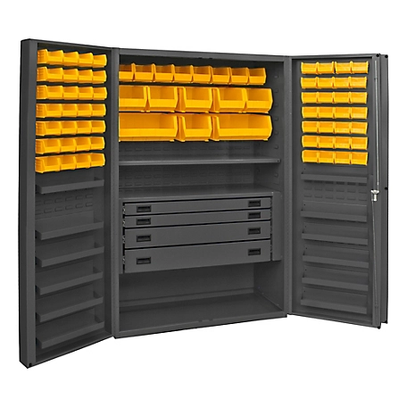 Durham MFG 14 Gauge Deep Door Cabinet, 48 in. x 24 in. x 72 in., 72 Yellow Bins, 4 Drawer