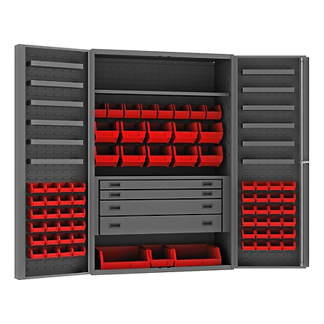 Durham MFG 14 Gauge Deep Door Cabinet, 48 in. x 24 in. x 72 in., 69 Red Bins