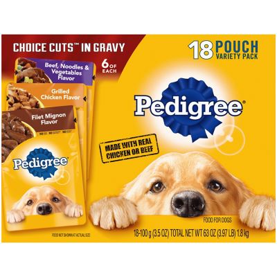 Pedigree Choice Cuts in Gravy Adult Soft Wet Meaty Dog Food Variety pk., 3.5 oz. Pouches, Pack of 18 My babies love the wet gravy mixed into their dry dog food my Chesapeake bay retriever wont eat until I put the gravy on it hes so spoiled! 