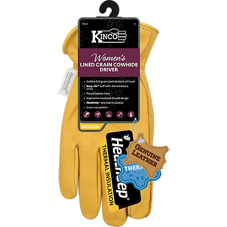 Kinco Full Grain Cowhide Heatkeep Thermal Insulation Gloves, 1 Pair, Easy-On Cuff, Shirred Elastic Wrist, Leather Hem