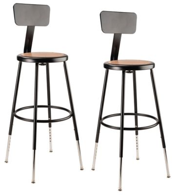 National Public Seating Height-Adjustable Heavy-Duty Steel Stools, Backrest, 2-Pack, 25-33 in., Black