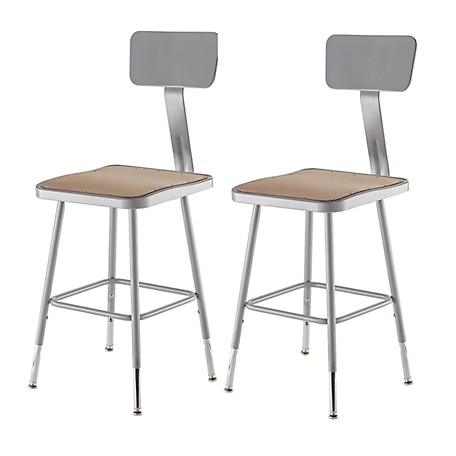 National Public Seating Height-Adjustable Heavy-Duty Square Seat Steel Stools, Backrest, 2-Pack, 19-27 in.