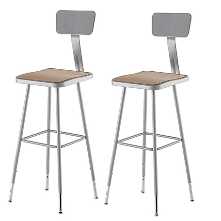 National Public Seating Height-Adjustable Heavy-Duty Square Seat Steel Stools, Backrest, 2-Pack, 32-39 in.