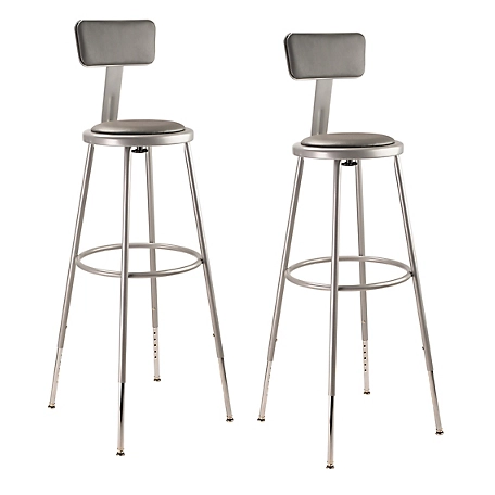 National Public Seating Height-Adjustable Heavy-Duty Vinyl Padded Steel Stools, Backrest, 2-Pack, 32-39 in., Gray