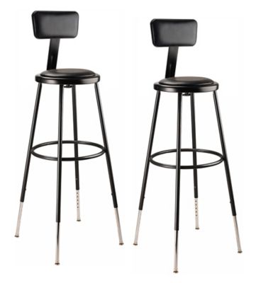 National Public Seating Height-Adjustable Heavy-Duty Vinyl Padded Steel Stools, Backrest, 2-Pack, 32-39 in., Black