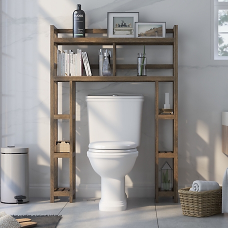 NewRidge Home Goods 8-Shelf Dunnsville Solid Wood Over-the-Toilet Space Saver Bathroom Storage, Chestnut