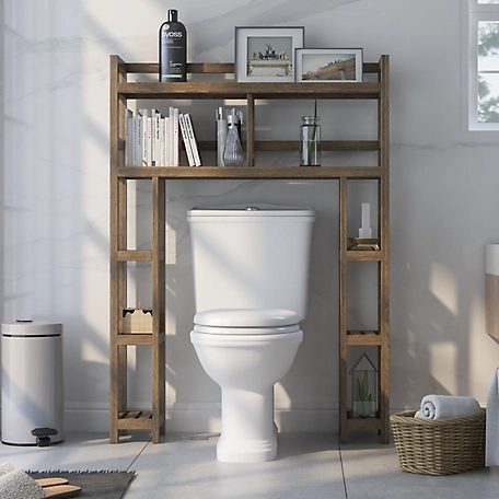 NewRidge Home Goods 8-Shelf Dunnsville Solid Wood Over-the-Toilet Space Saver Bathroom Storage, Chestnut