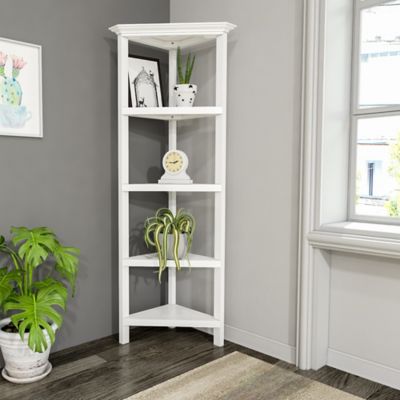Image showing  4-Shelf Tall Wood Corner Bookcase with Open Bookshelves, White