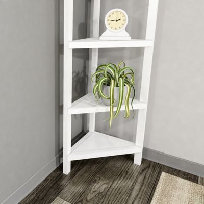 Image showing  4-Shelf Tall Wood Corner Bookcase with Open Bookshelves, White