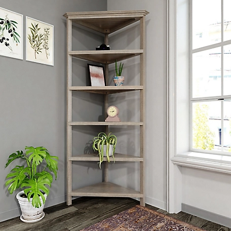 NewRidge Home Goods 5-Tier Corner Wood Bookcase, Weathered Gray