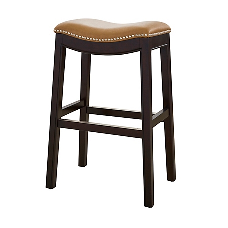 NewRidge Home Goods Julian 30in. H Bar-Height Wood Barstool with Tan Faux-Leather Seat, Espresso Frame