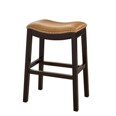 NewRidge Home Goods Julian Counter-Height Wood Bar Stool with Tan Faux Leather Seat, Espresso Frame