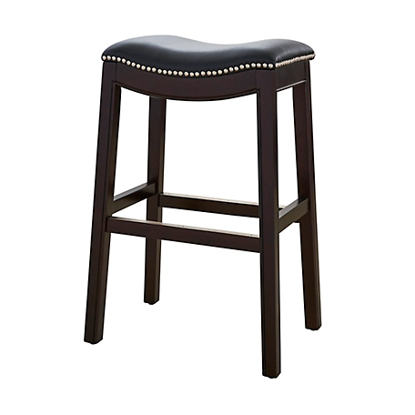 NewRidge Home Goods Julian 30in. H Wood Bar-Height Barstool with Black Faux-Leather Seat, Espresso Finish