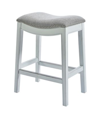 NewRidge Home Goods Zoey 30in. Bar-Height Wood Saddle-Seat Stool, Whitewash with Gray Upholstered Seat