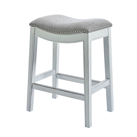 NewRidge Home Goods Zoey 30in. Bar-Height Wood Saddle-Seat Stool, Whitewash with Gray Upholstered Seat