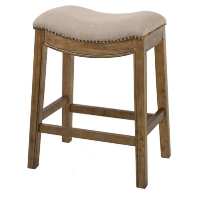 NewRidge Home Goods 25 in. Saddle Style Wood Counter-Height Stool, Natural finish with Cream Upholstered Seat