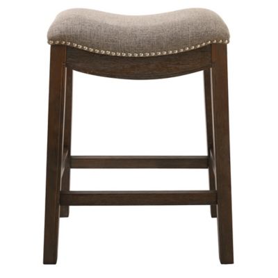 NewRidge Home Goods Sadie 25 in. H Saddle Wood Counter-Height Barstool with Cobble Gray Fabric