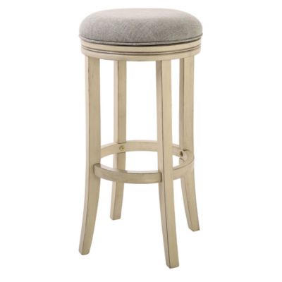 NewRidge Home Goods Victoria 30in. Bar-Height Backless Wood Barstool with Swivel Upholstered Seat, Distressed Ivory