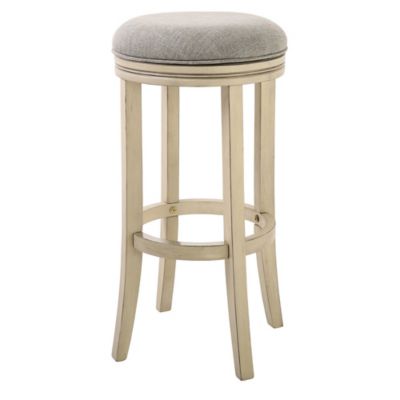 NewRidge Home Goods Victoria Distressed Bar-Height Backless Wood Stool with Swivel Upholstered Seat, 30 in., Ivory