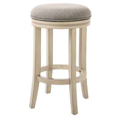 NewRidge Home Goods Victoria 25 in. Counter Height Swivel Stool, Distressed Ivory Frame with Quartz/Gray Upholstered Seat