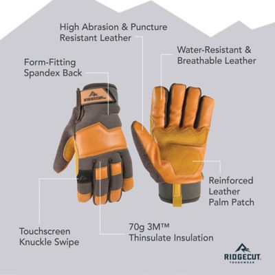 Image showing Ridgecut Men's Insulated Water-Resistant Lined Leather Hybrid Work Gloves, 1 Pair