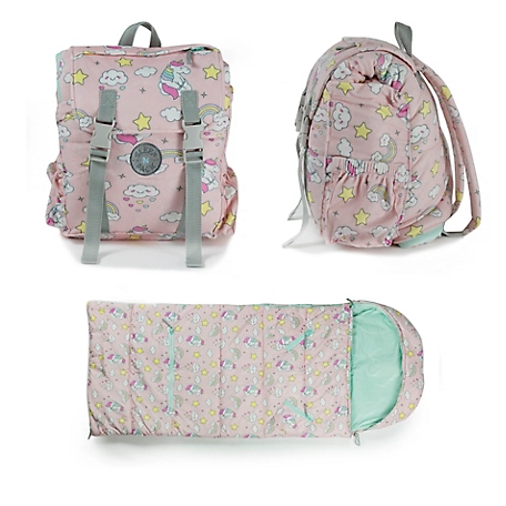 mimish Sleep-n-pack, 50 F Packable Little Kid's Sleeping Bag & Backpack, Unicorn Doodle Print