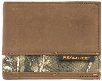 Realtree Woven Label Stitched Passcase Wallet with Camo Insert, Orange Bar Tack, Flip-Out Clear ID Window