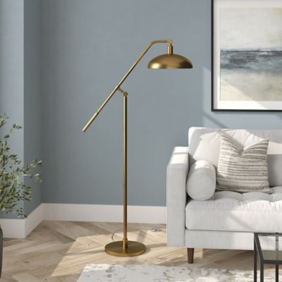 Image showing  62 in. Hudson & Canal Devon Brushed Brass Floor Lamp with Boom Arm