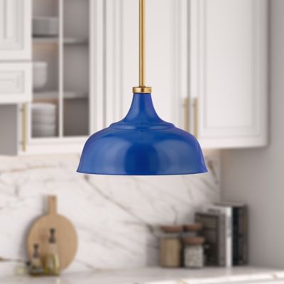 Image showing  1-Light Mackenzie Metal Pendant Light Fixture, Blue/Brass