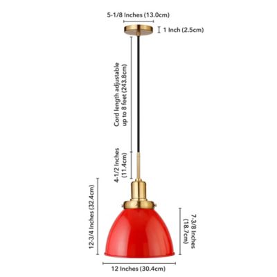 Image showing  1-Light Madison Metal Pendant Light, 12 in., Poppy Red/Brass
