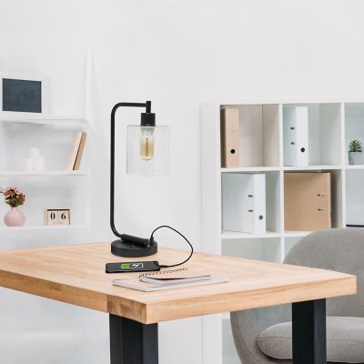Lalia Home Modern Iron Desk Lamp with USB Port and Glass Shade, Black Matte