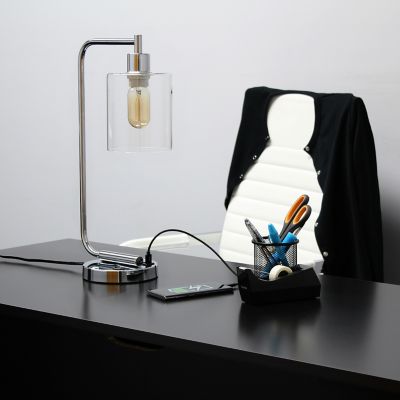 Image showing  Modern Iron Desk Lamp with USB Port and Glass Shade, Polished Chrome