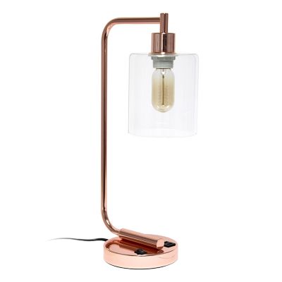 Image showing  Modern Iron Desk Lamp with USB Port and Glass Shade, Polished Rose Gold