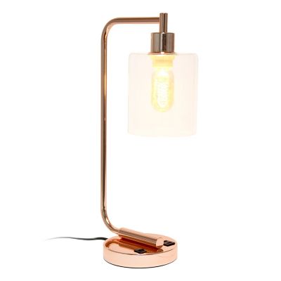 Image showing  Modern Iron Desk Lamp with USB Port and Glass Shade, Polished Rose Gold