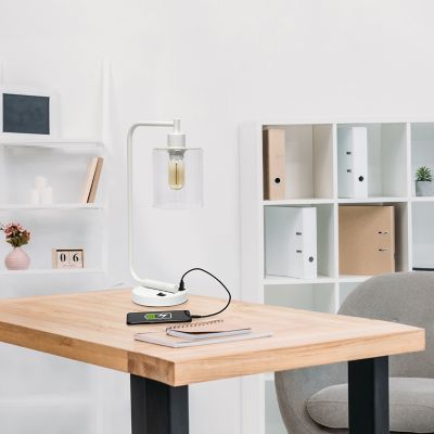 Lalia Home Modern Iron Desk Lamp with USB Port and Glass Shade, Matte White