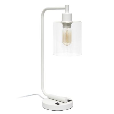 Image showing  Modern Iron Desk Lamp with USB Port and Glass Shade, Matte White