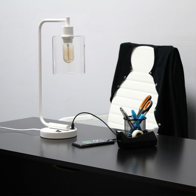 Image showing  Modern Iron Desk Lamp with USB Port and Glass Shade, Matte White