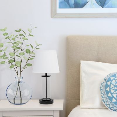 Simple Designs Encased Metal and Clear Glass Table Lamp, 6.875 in., Black Accents, White Shade