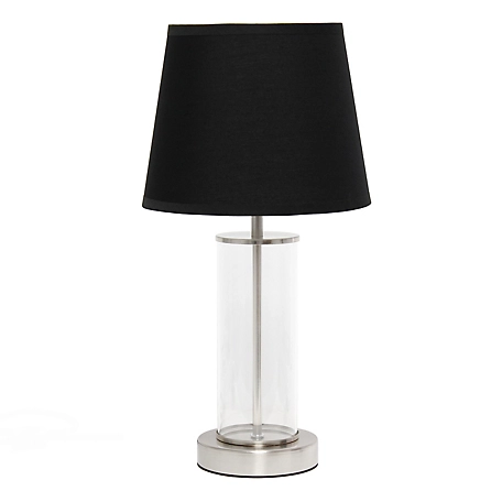 Simple Designs 6.875 in. H Encased Metal and Clear Glass Table Lamp, Brushed Nickel Accents, Black Shade