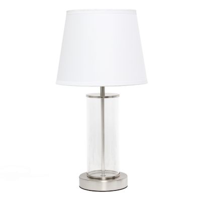 Simple Designs 6.875 in. H Encased Metal and Clear Glass Table Lamp, Brushed Nickel Accents, White Shade