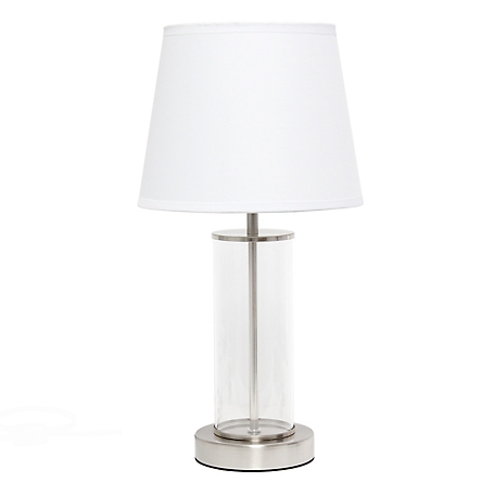 Simple Designs 6.875 in. H Encased Metal and Clear Glass Table Lamp, Brushed Nickel Accents, White Shade